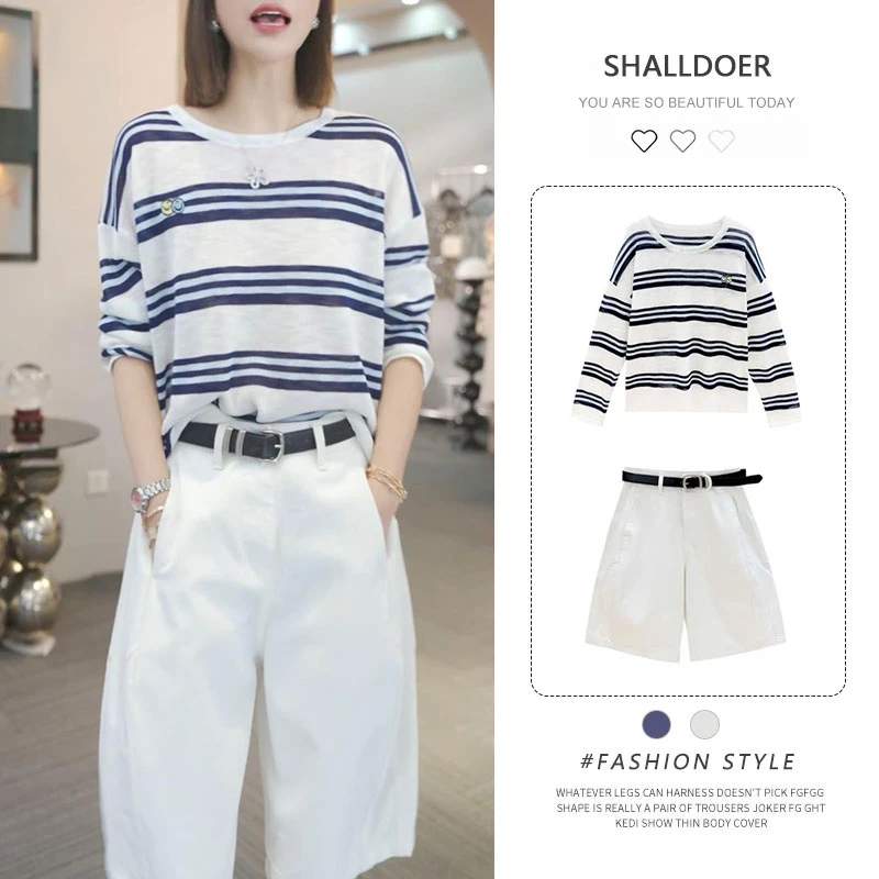韩版时尚套装女2026年夏季新款拼色长袖T恤配纯色五分裤两件套潮