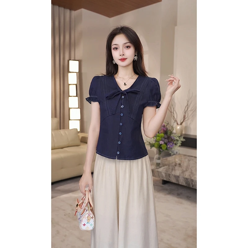 YUANLIANSU/圆脸酥【几何为欢】牛仔法式气质收腰显瘦V领设计感衬衫