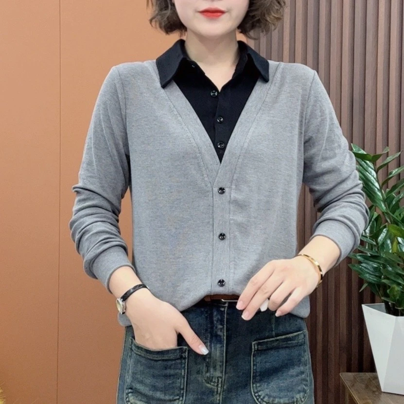2024秋季新款时尚百搭休闲拼接衫衬衣小衫春秋气质长袖洋气女士女