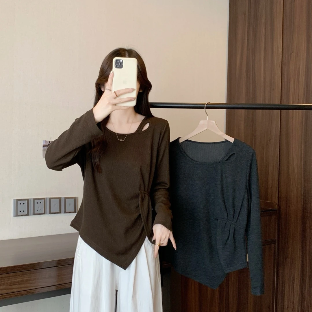 长大码秋冬不规则镂空打底衫胖mm设计感显瘦百搭T恤上衣80662