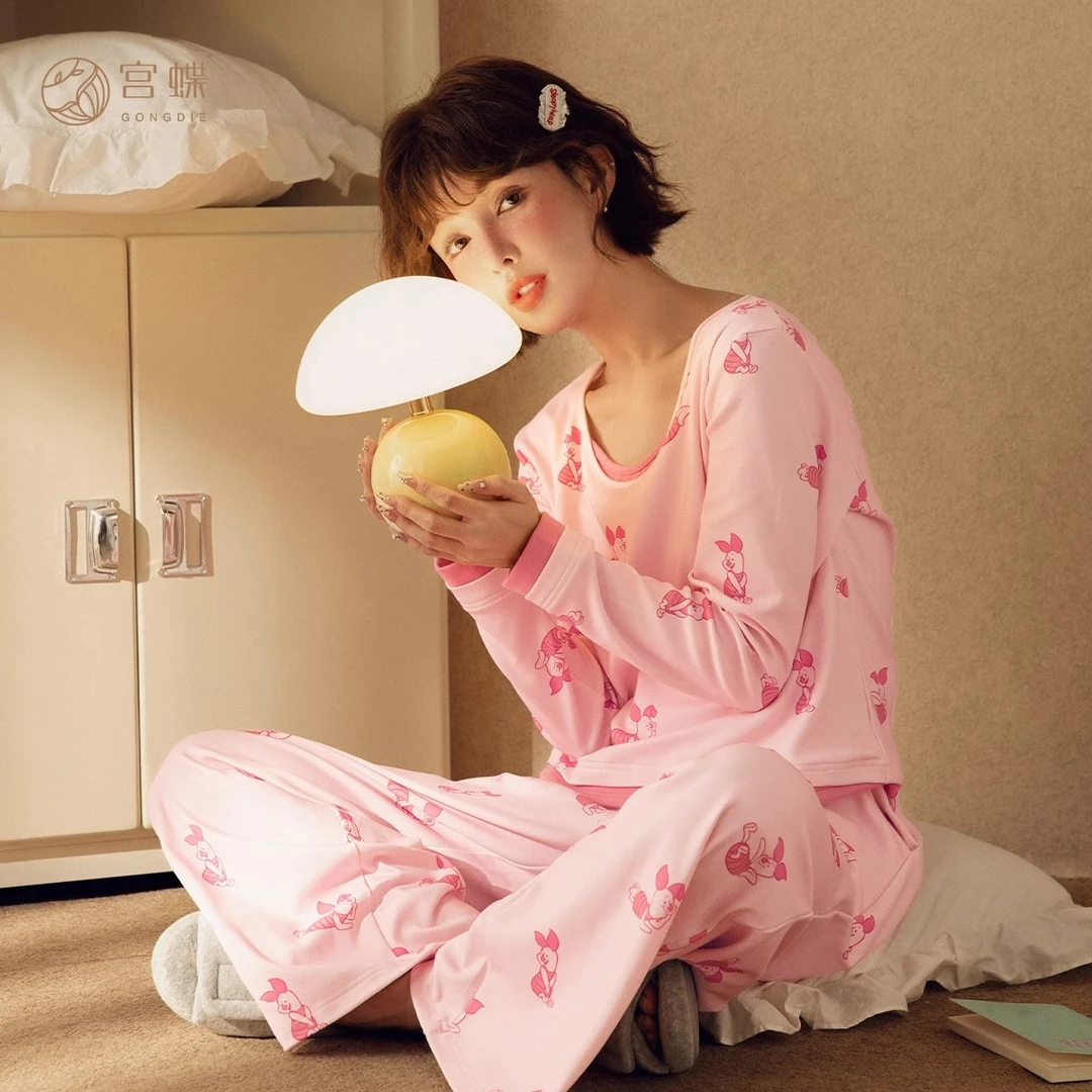 宫蝶【轻柔软】迪士尼小猪皮杰睡衣女春秋季长袖纯棉假两件家居服