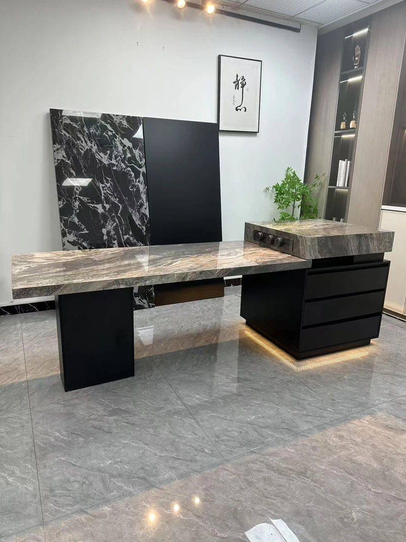 意式轻奢极简客厅岛台餐桌黑胡桃木纹伸缩意式多功能桌椅中岛台