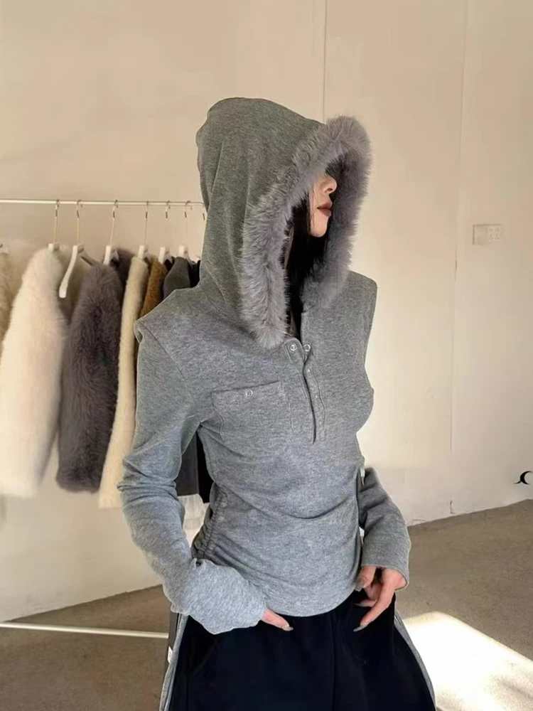 韩版辣妹连帽毛领长袖T恤女秋冬修身显瘦外套小众设计感上衣百搭