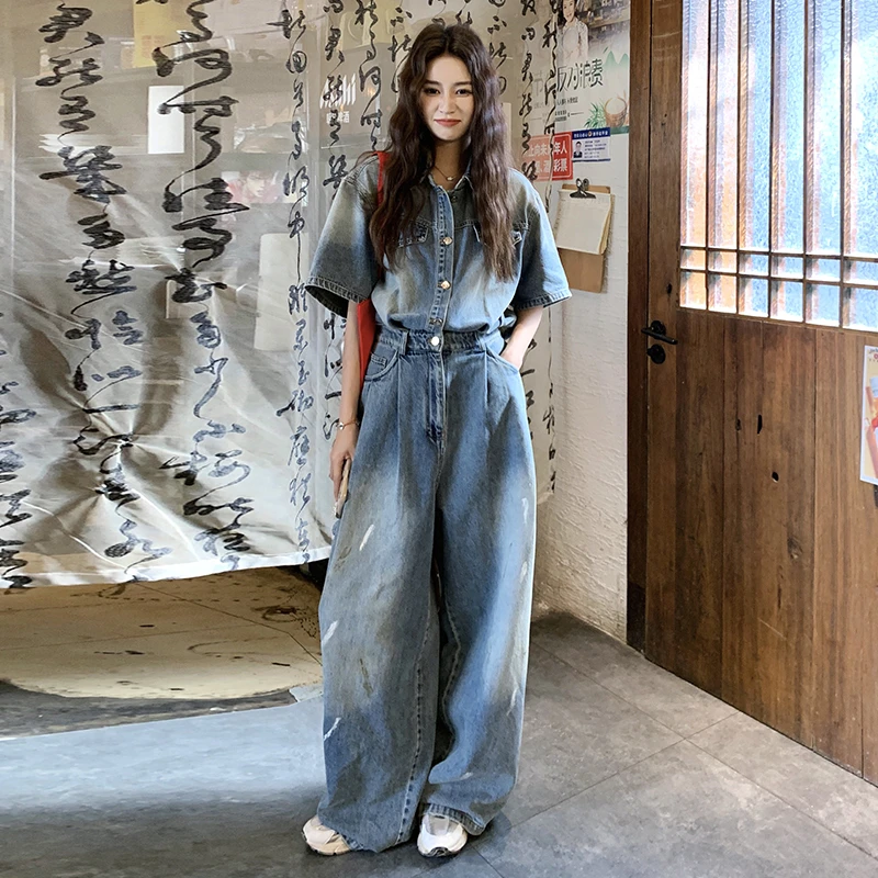 复古做旧工装牛仔连体裤女2025年夏季新款帅气时髦酷飒阔腿连衣裤