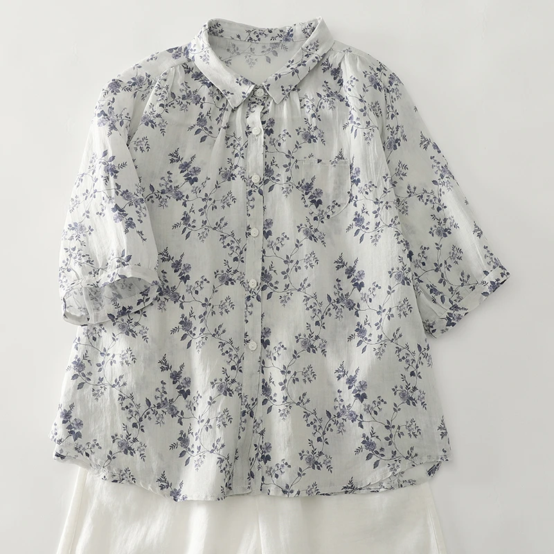 文艺碎花衬衫减龄设计感宽松百搭印花短袖休闲衬衣女夏季薄款上衣