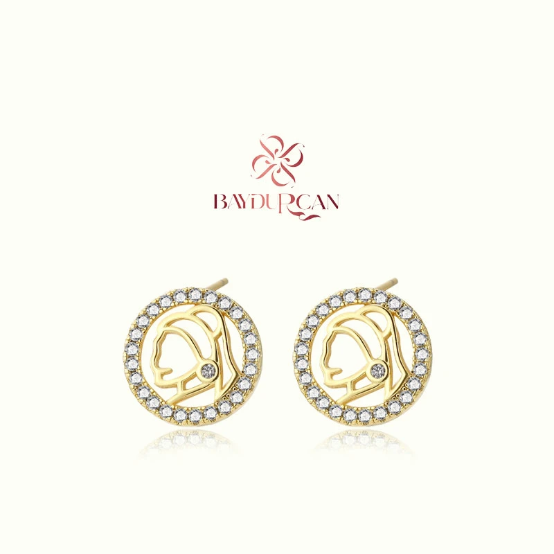 铜合金锆石耳饰 【琉晶】钻镶女神镂空圆牌耳钉-金色银色 23210