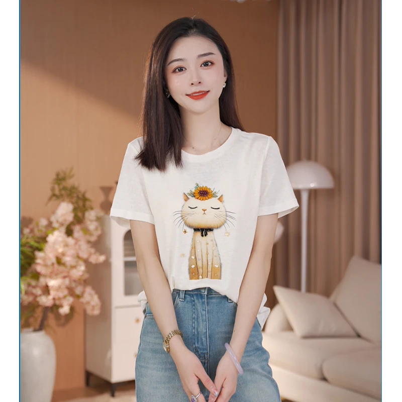 乔儿定制【招财猫t】桑蚕丝+莱赛尔天丝+亚麻深圳南油高定手工串珠t