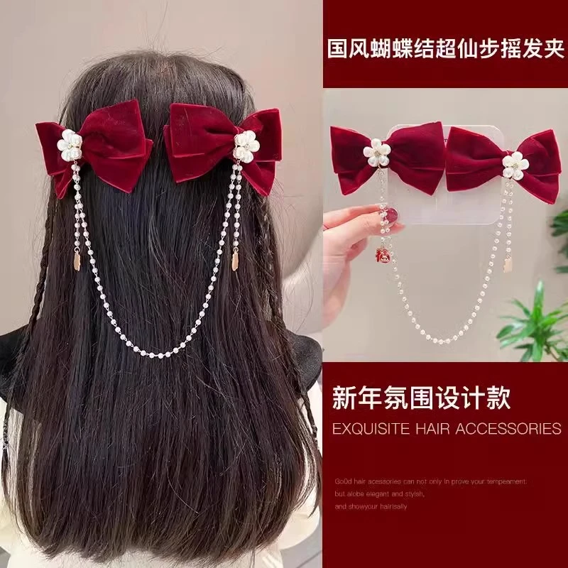 新年公主丝绒蝴蝶结发夹儿童对夹头饰女童发卡后脑勺拜年发饰