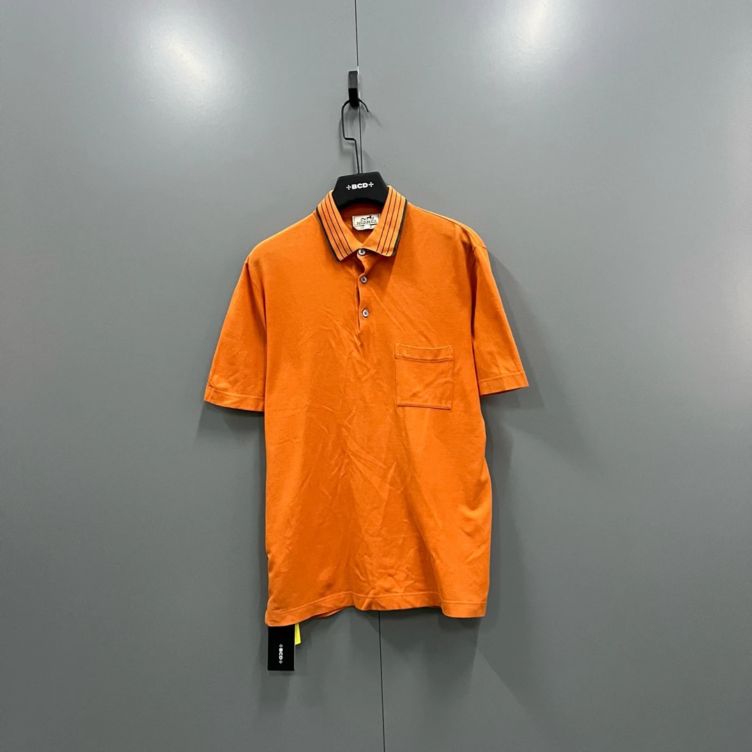 (ll) HERMES 爱马仕 橙色领口条纹polo衫 L码95新无配件 ki300446