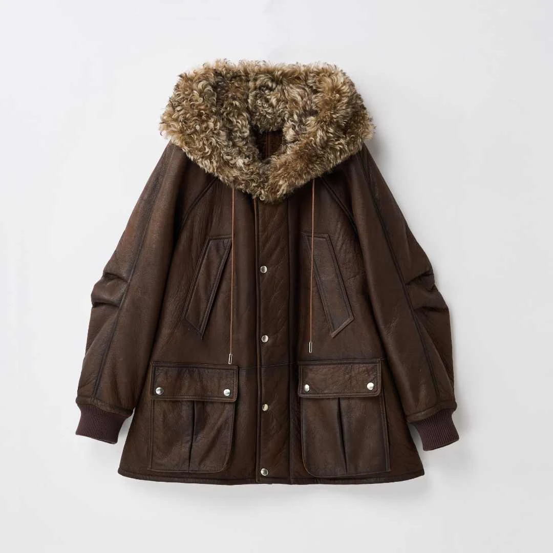 【弓ECHO】 冬新款南非A级蜡变真皮毛宽松慵懒复古中长麦斯连帽外套