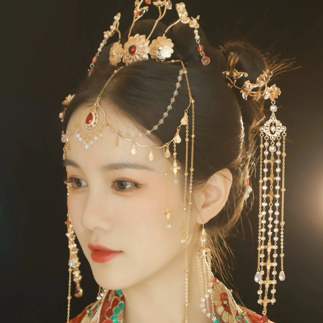 记川原创 十里红妆步步生莲发冠异域额饰步摇汉服头饰新娘古风