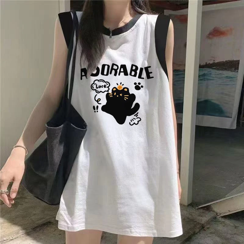100%纯棉慵懒风夏季辣妹ins拼接无袖背心t恤女宽松百搭中长款上衣