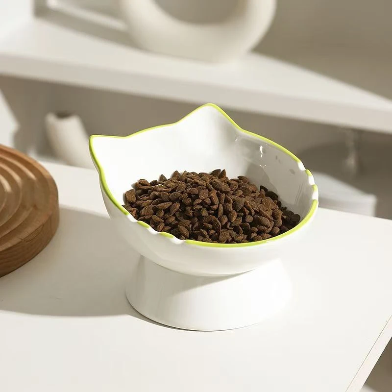 猫咪陶瓷高脚饭碗防倒斜口宠物粮碗喝水吃饭保护颈部大口径粉红手