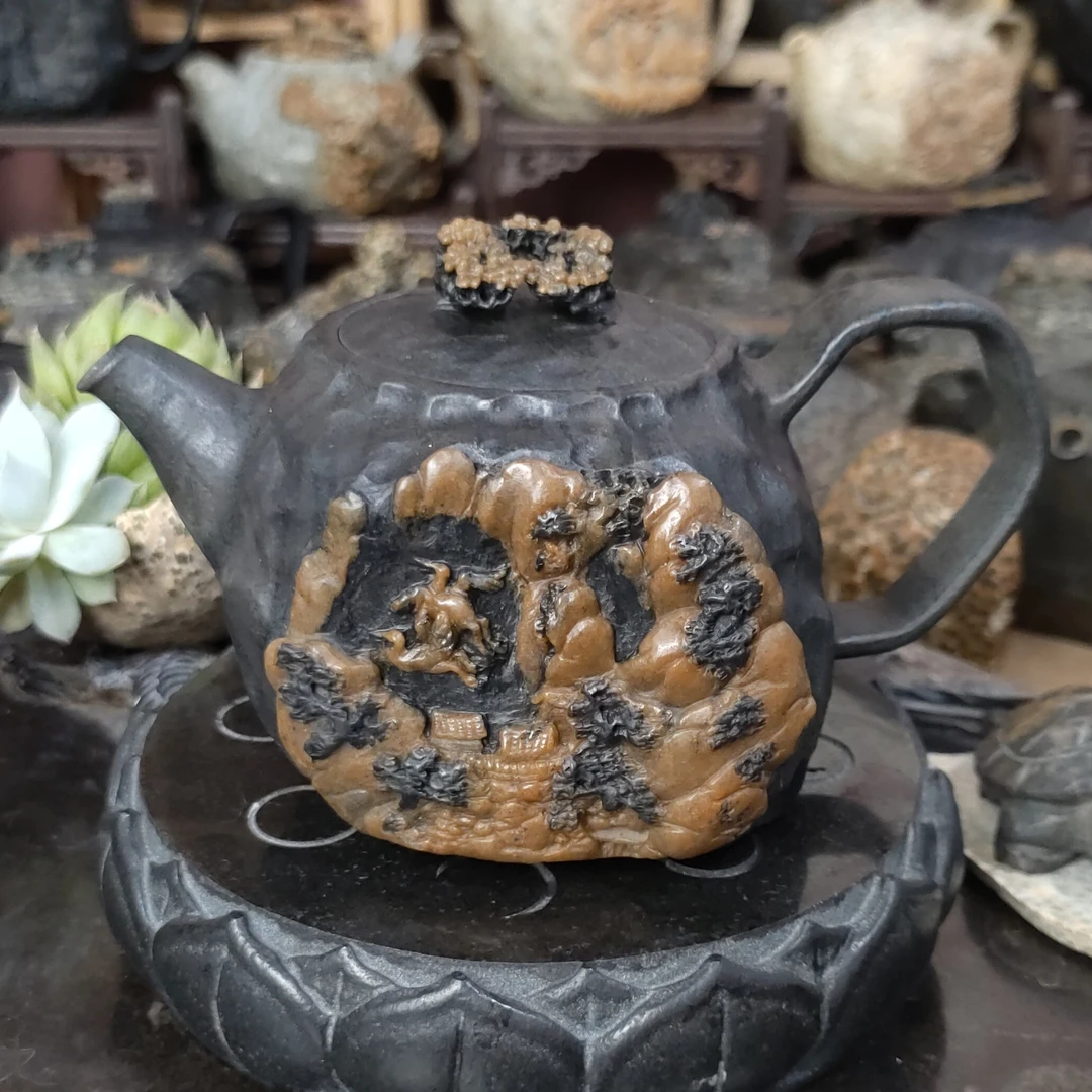 【松鹤延年随形晶体茶壶】冰碛岩原石手工制作中式古风茶壶（250cc）