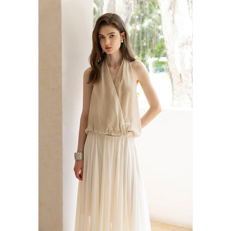 miorastudio法式复古度假风杏色挂脖上衣露背休闲挂脖慵懒风背心