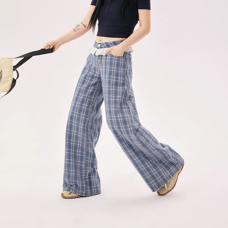 【21】CHUU屁帘蕾丝设计格纹休闲穿搭高腰辣妹显瘦牛仔裤FHFF002J