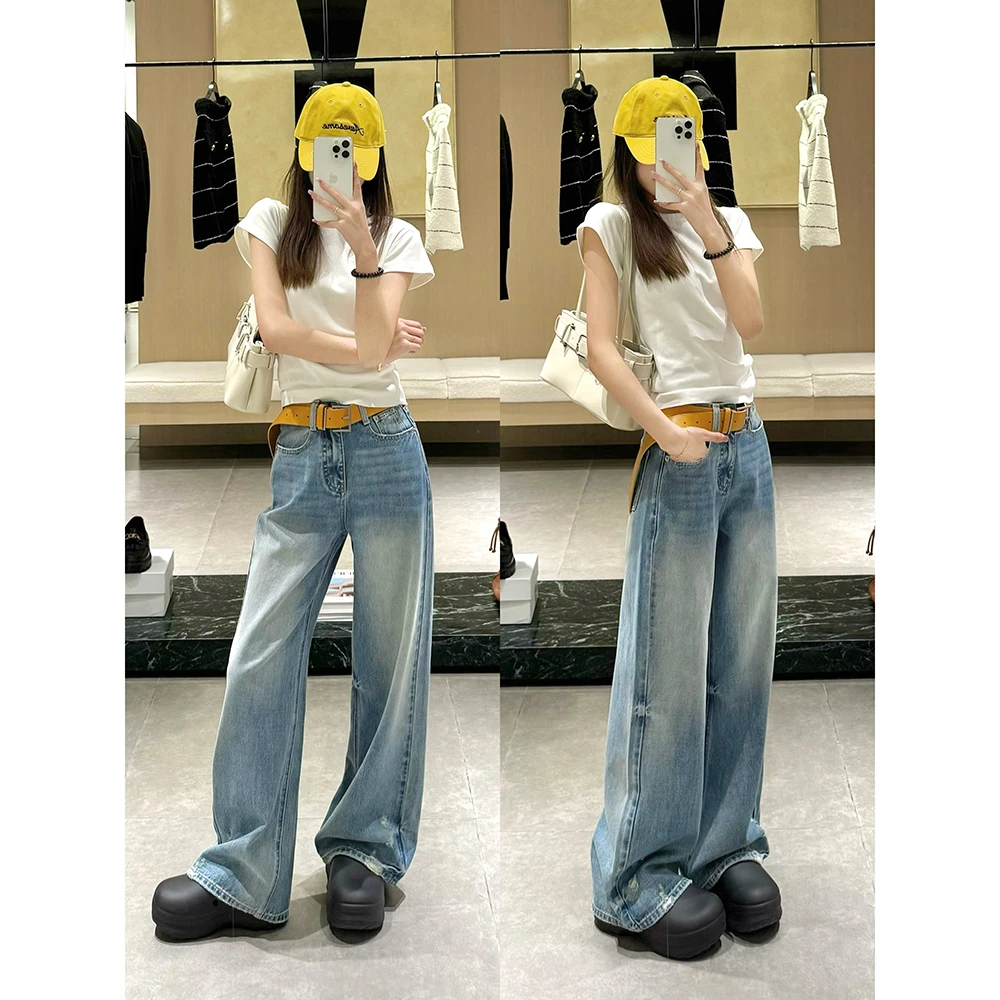 王家有鱼复古蓝休闲宽松阔腿裤2025春季新款时尚百搭显瘦牛仔裤女