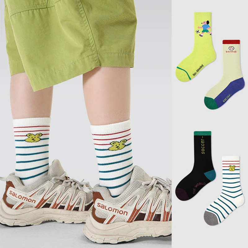 儿童袜子2025春季字母条纹宝宝中筒袜精梳棉无骨男童袜子XZ