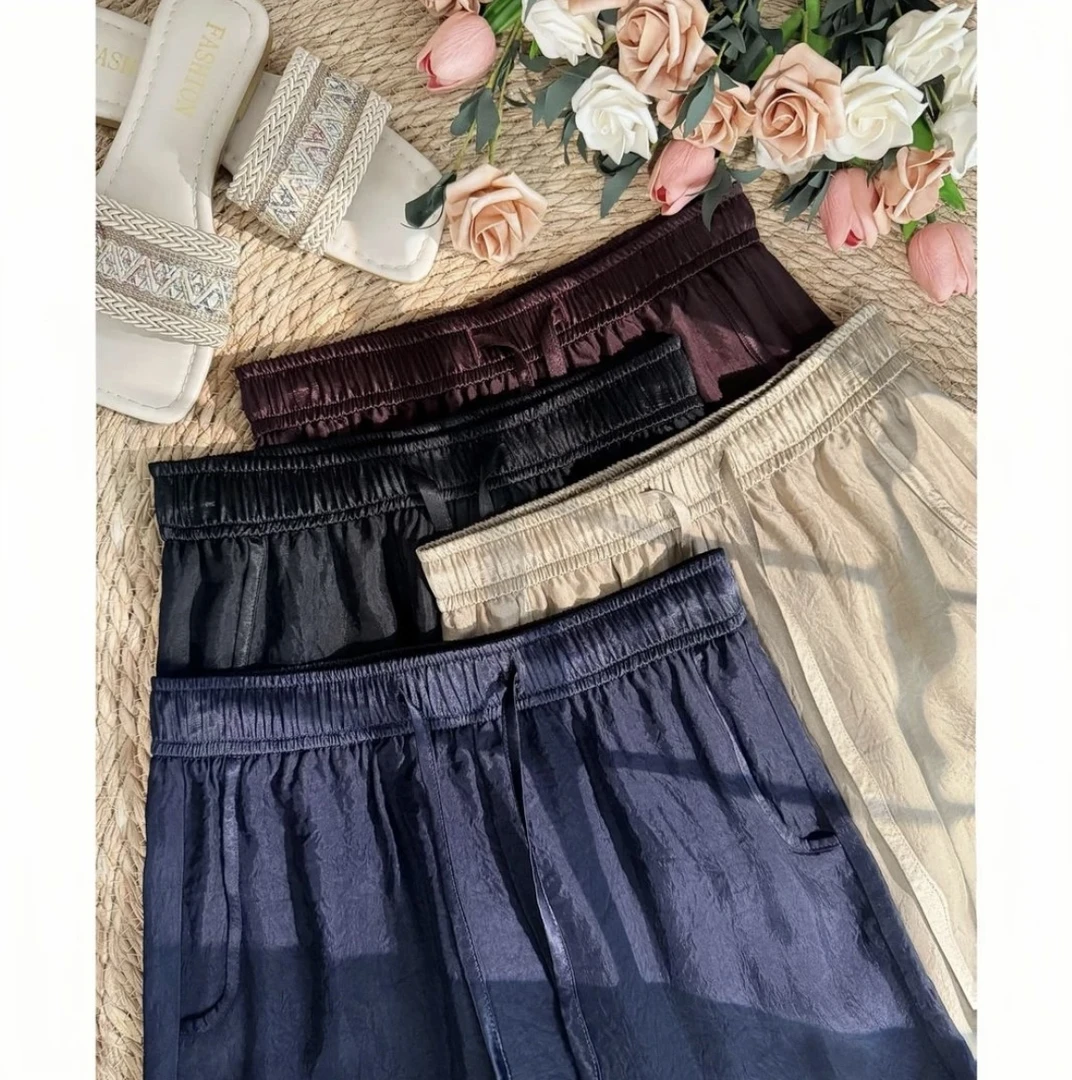 2025新款醋酸长裤弯刀直筒裤松紧腰抽绳显瘦百搭女裤