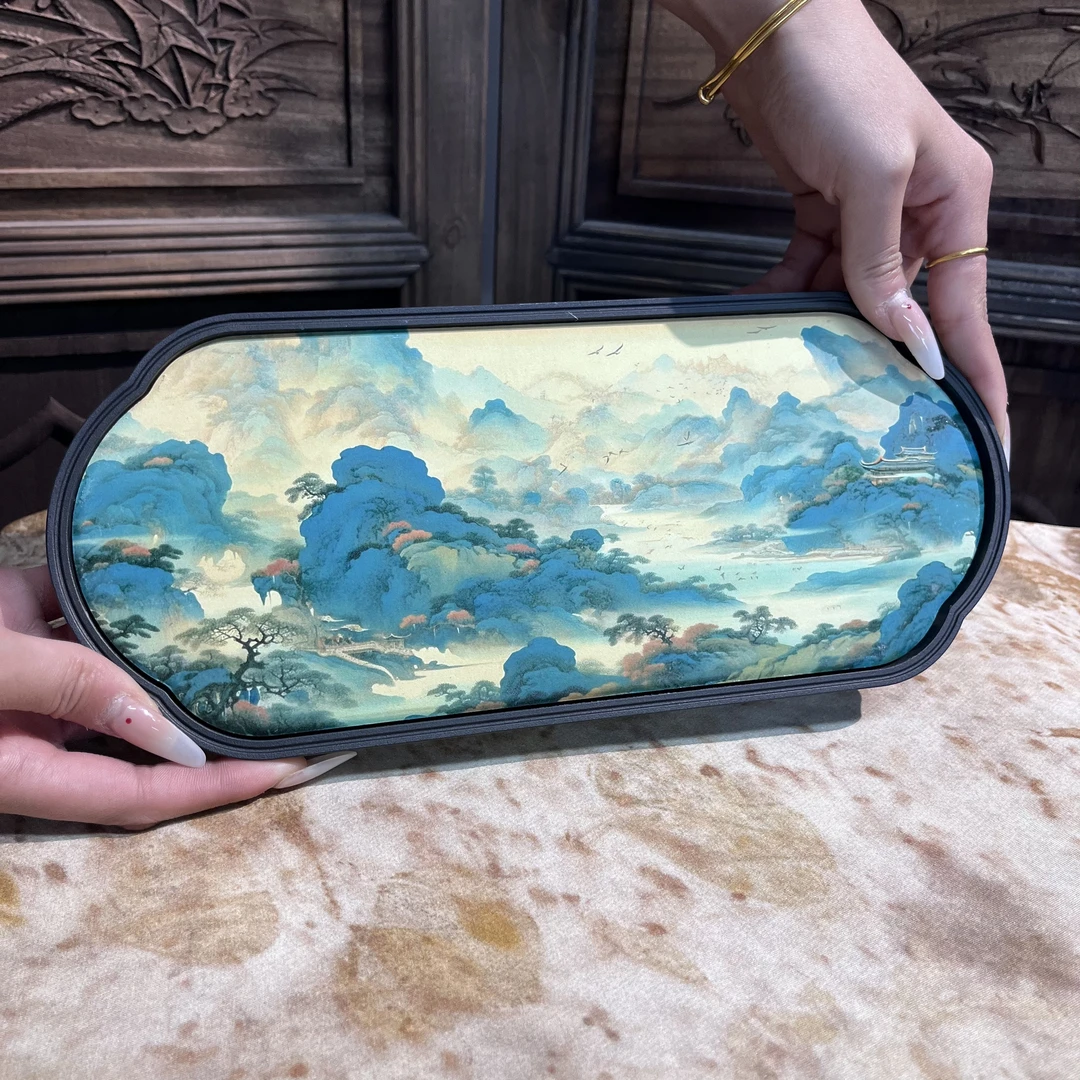 D-0024 海棠形 千里江山蓝吸水茶盘 