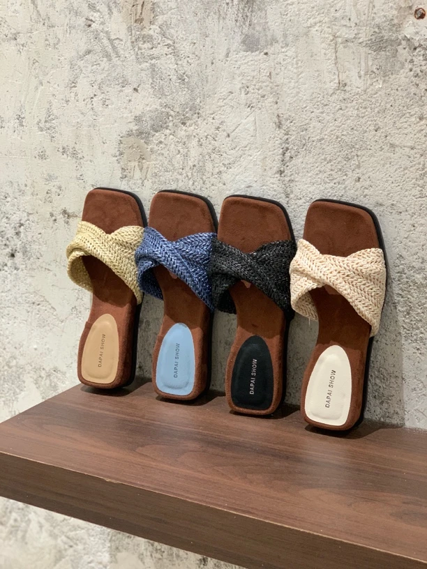 夏季交叉坡跟一字拖鞋防滑方头女士小香风编织复古慵懒沙滩凉鞋