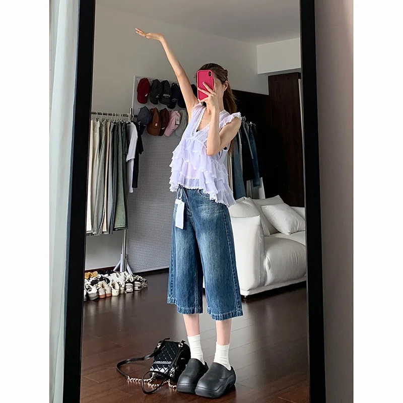 夏季薄款复古设计感七分牛仔裤女2025年新款高腰宽松显瘦阔腿中裤