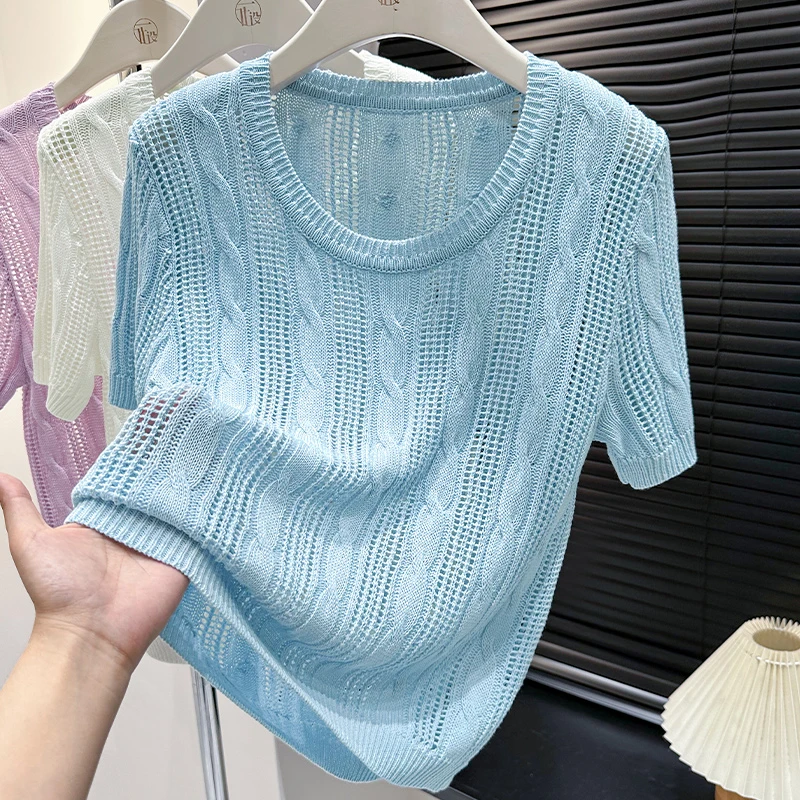 冰丝针织圆领短袖上衣女新款2025夏季蓝色t恤设计感小众宽松小衫