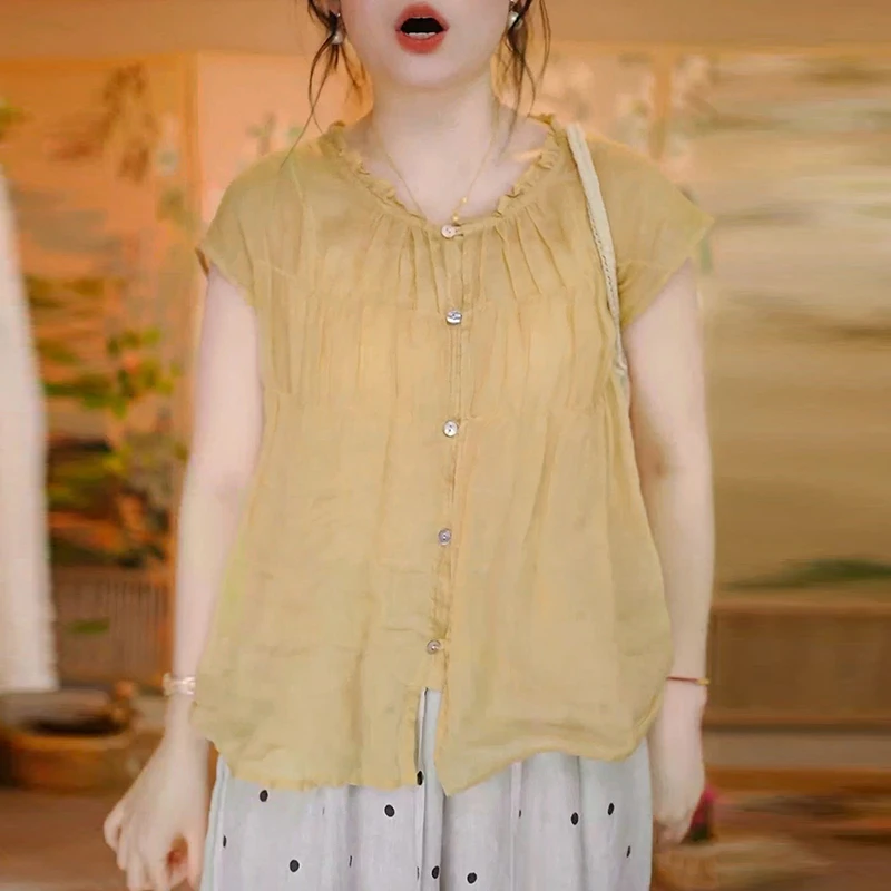 2025夏季新款纯色木耳边设计短袖T恤时尚百搭高级感显瘦上衣