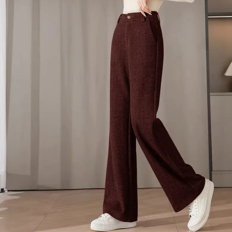 女士直筒微阔腿羊绒裤加绒加厚人字纹宽松垂感时尚长裤1828
