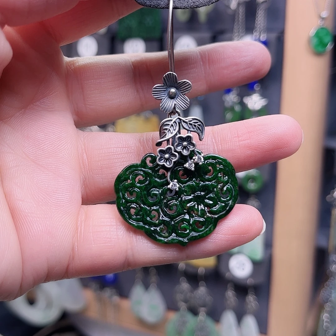 生***呀翡翠银S925镶嵌耳饰