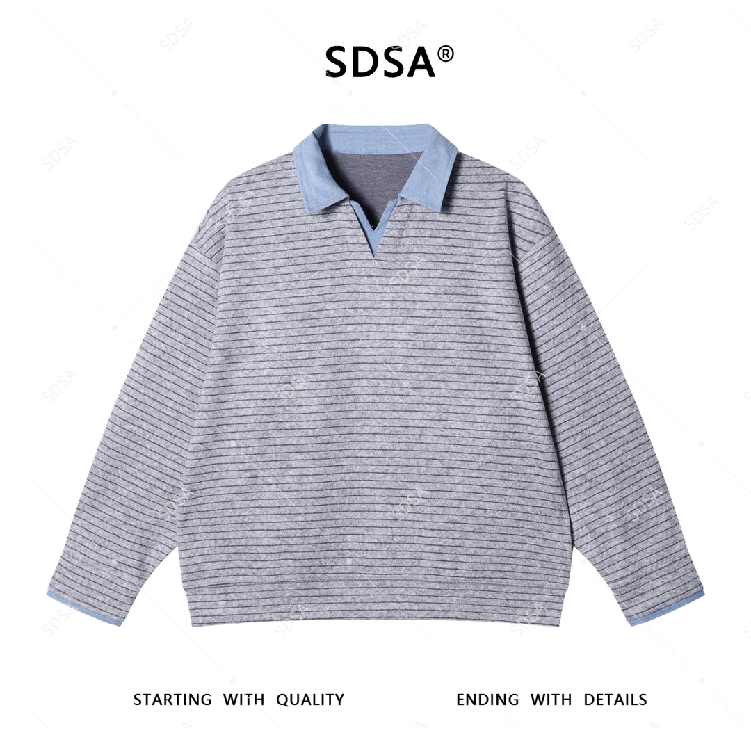 SDSA男士秋冬新款轻奢痞帅男装拼接条纹polo领套头毛衣百搭时尚