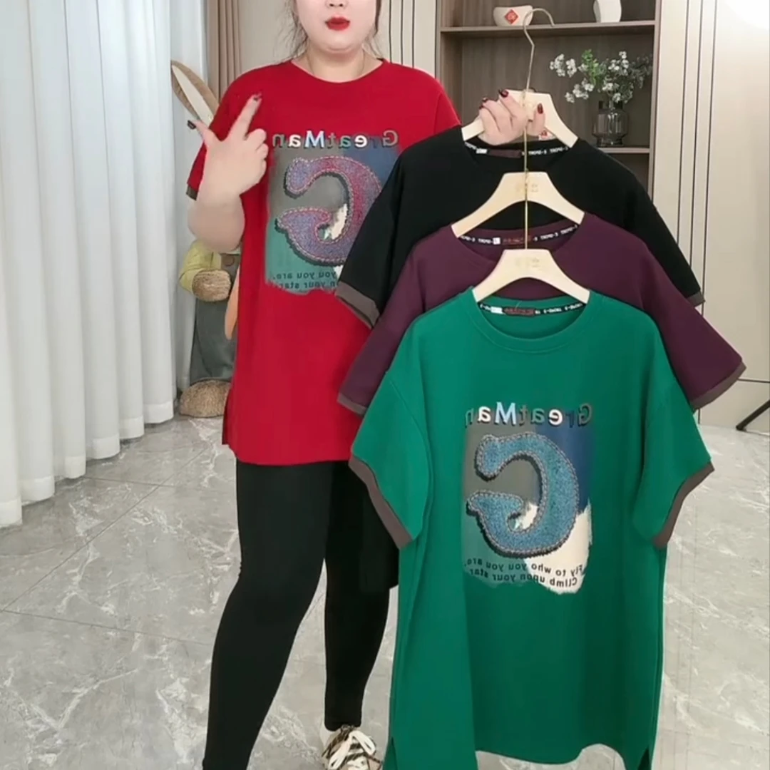 5001//大码女装春款洋气百搭中长款短袖上衣