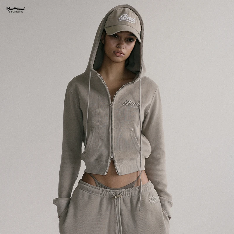 badblood烟草色拉链卫衣女美式复古辣妹短款刺绣logo长袖连帽外套
