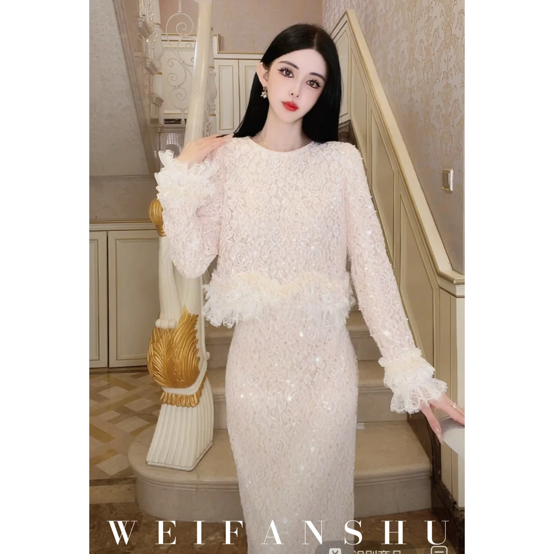 WEIFANSHU/魏凡舒【陷入热恋】早秋新款法式蕾丝显瘦套装上衣&半裙