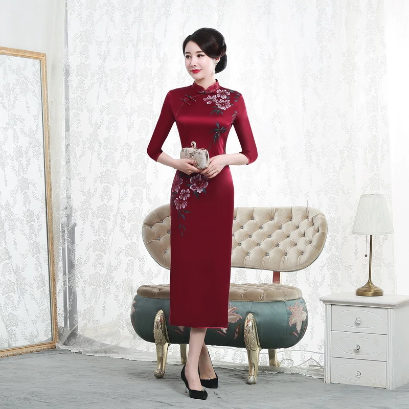 复古新款加厚优质面料改良长款酒红七分袖斜襟连衣裙优雅显瘦气质