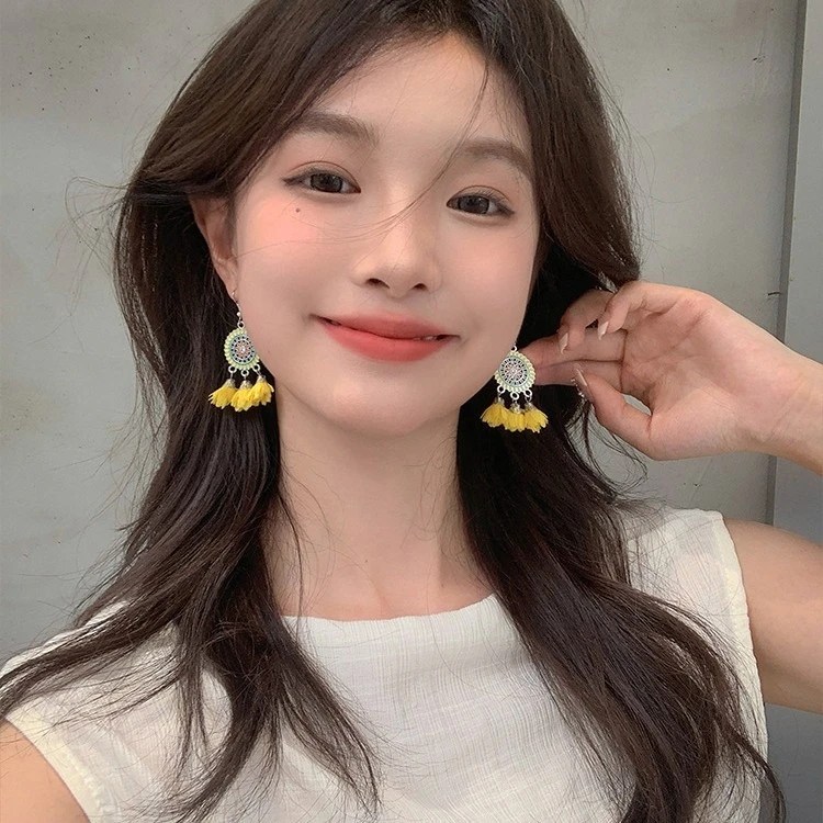 新款民族风手作小众黄色花朵吊坠耳钩波西米亚度假耳饰