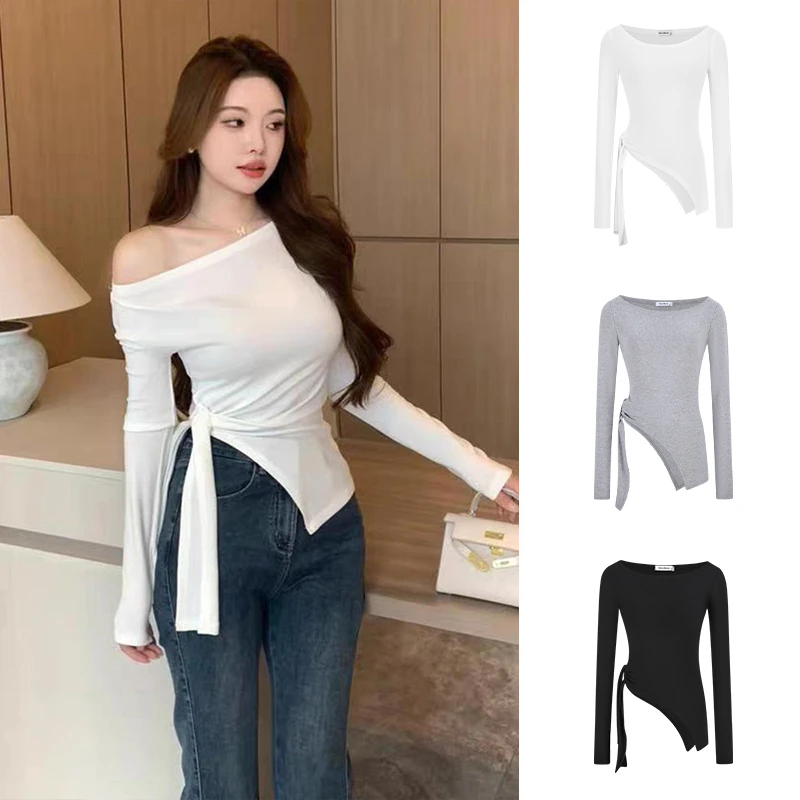 Moses Queen/魔西女王不规则甜辣性感一字斜露肩上衣女纯欲长袖T