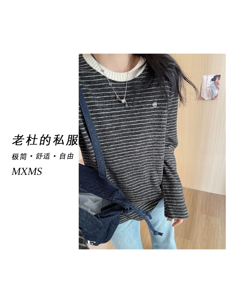 （麦欢尼）A9535-【宝藏衣橱】高级洋气经典条纹加厚长袖打底衫