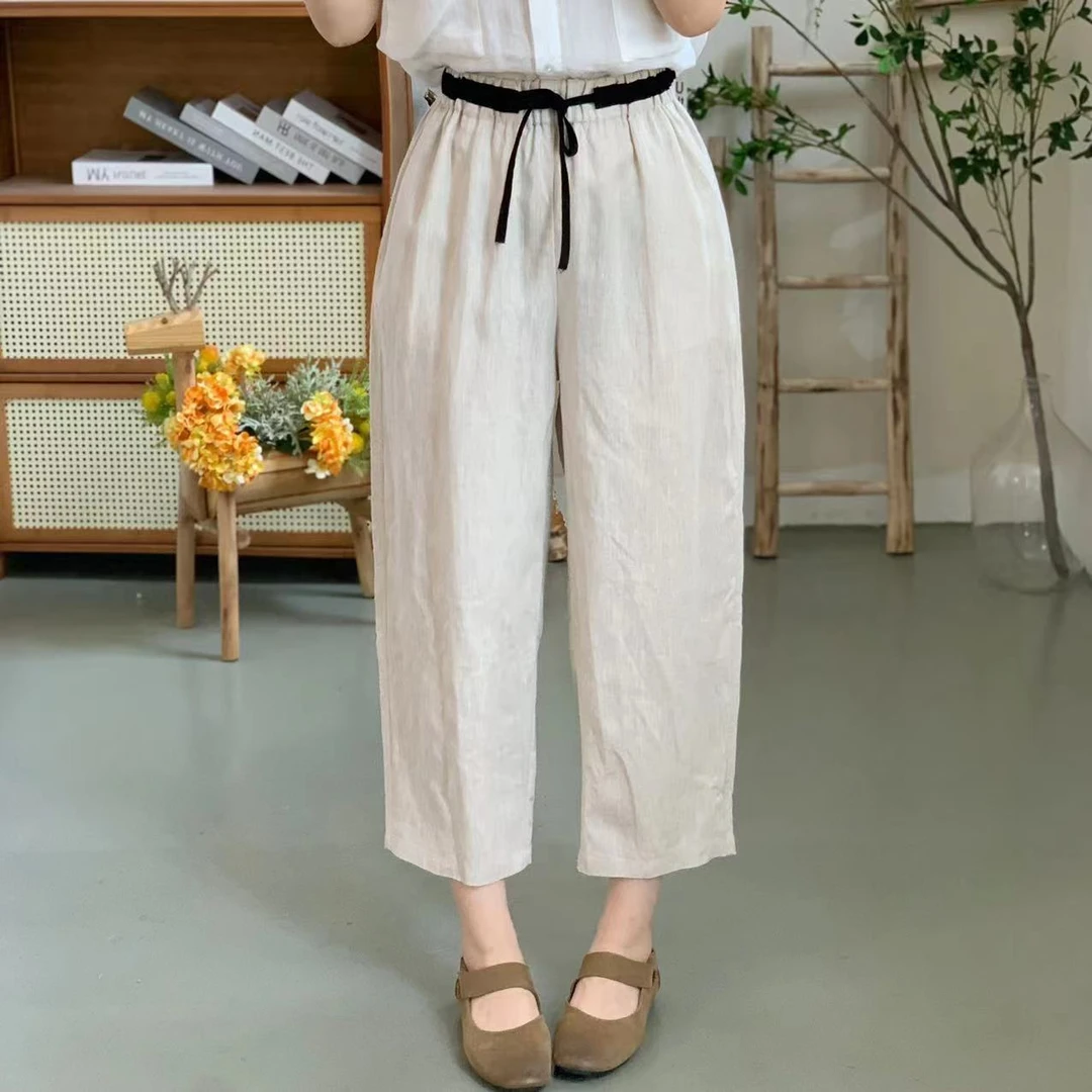 亚麻拼色小直筒九分裤休闲百搭文艺松紧腰休闲裤DYLJJ 12195