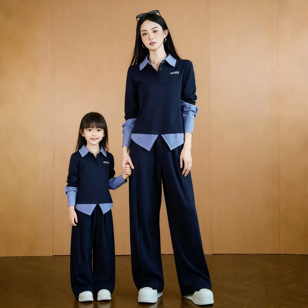 母女装休闲套装秋季新款翻领假两件上衣阔腿裤两件套洋气亲子装