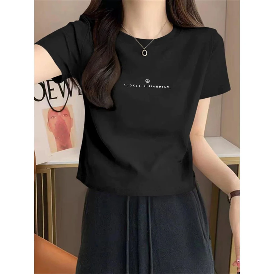 法乐琪短款黑色正肩圆领新款短袖t恤夏季洋气修身半袖法式上衣
