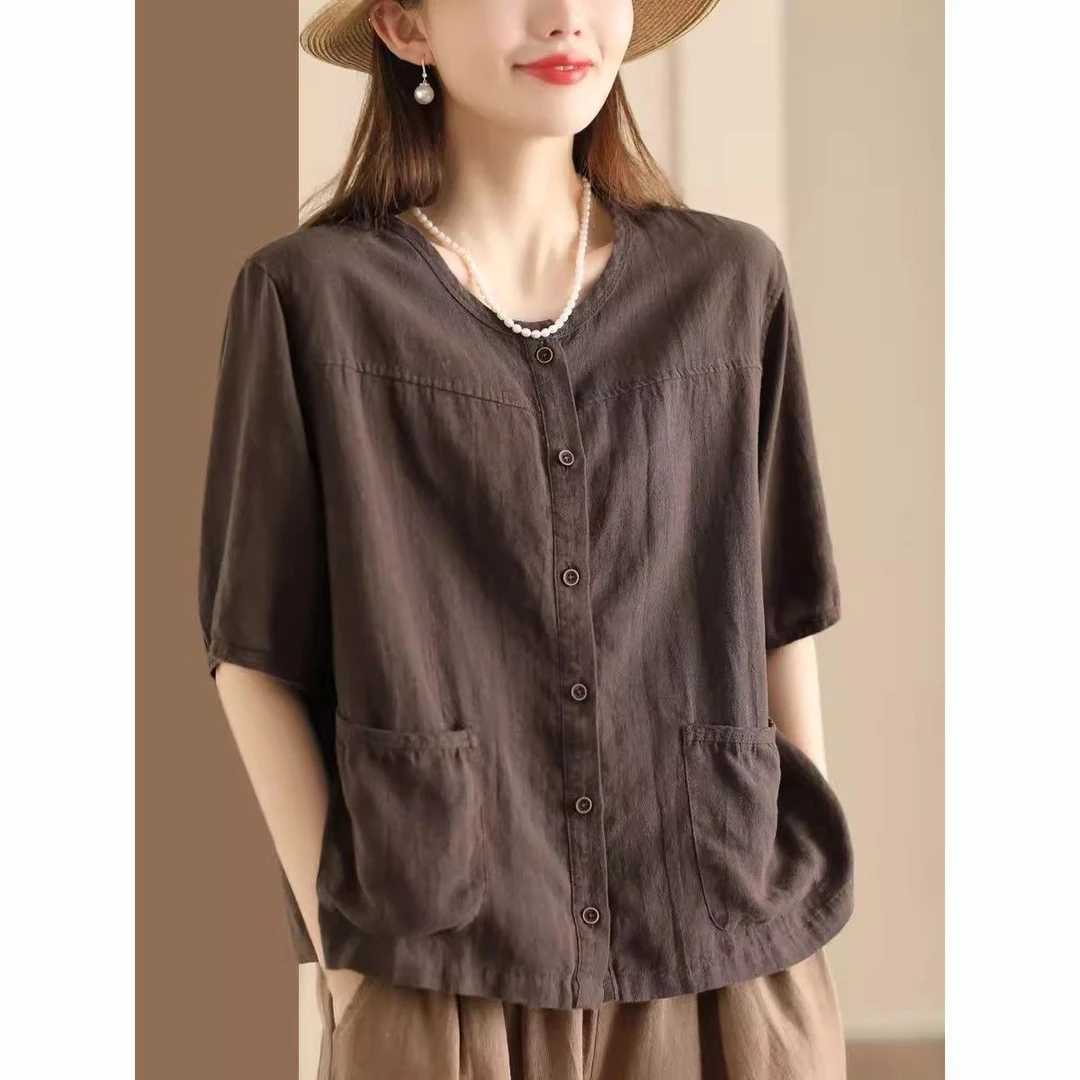 店铺夏季新款复古雨露棉麻衬衫砂洗炒色女休闲单排扣短袖开衫气质