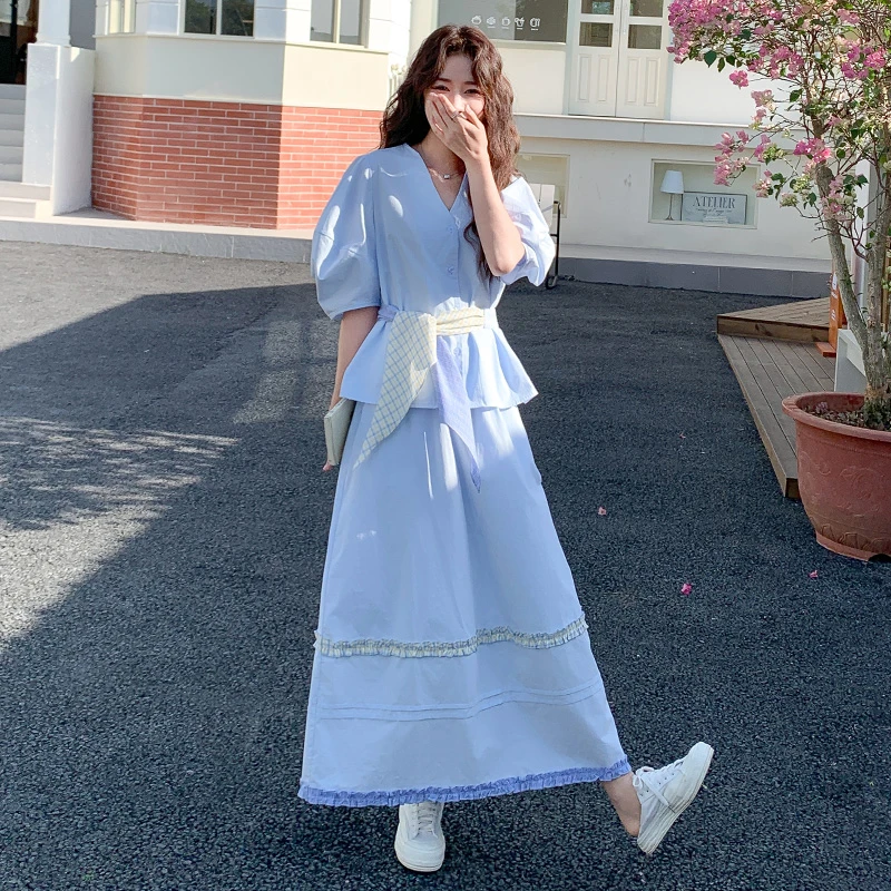 蓝色氛围感减龄套装裙子2025年夏季新款女装休闲衬衫半身裙两件套