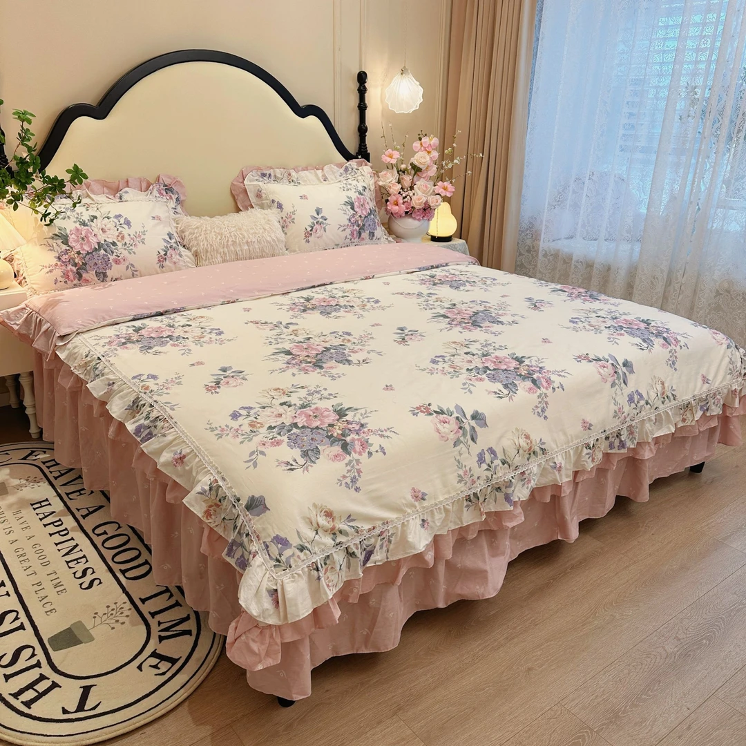 丫丫推荐【莫奈花园】法式复古优雅全棉印花床裙款四件套床上用品
