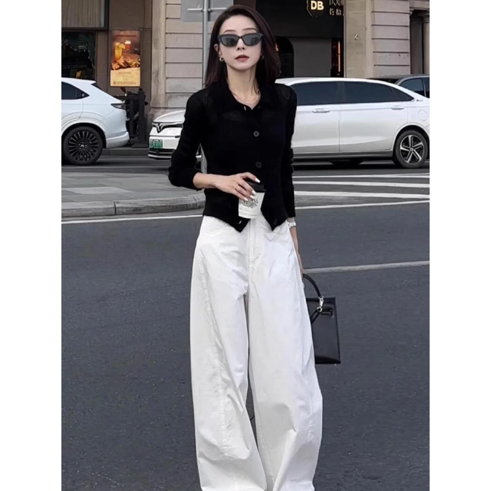 高级感黑色阔腿裤洋气开衫上衣两件套2025秋新款时尚纯色长袖潮
