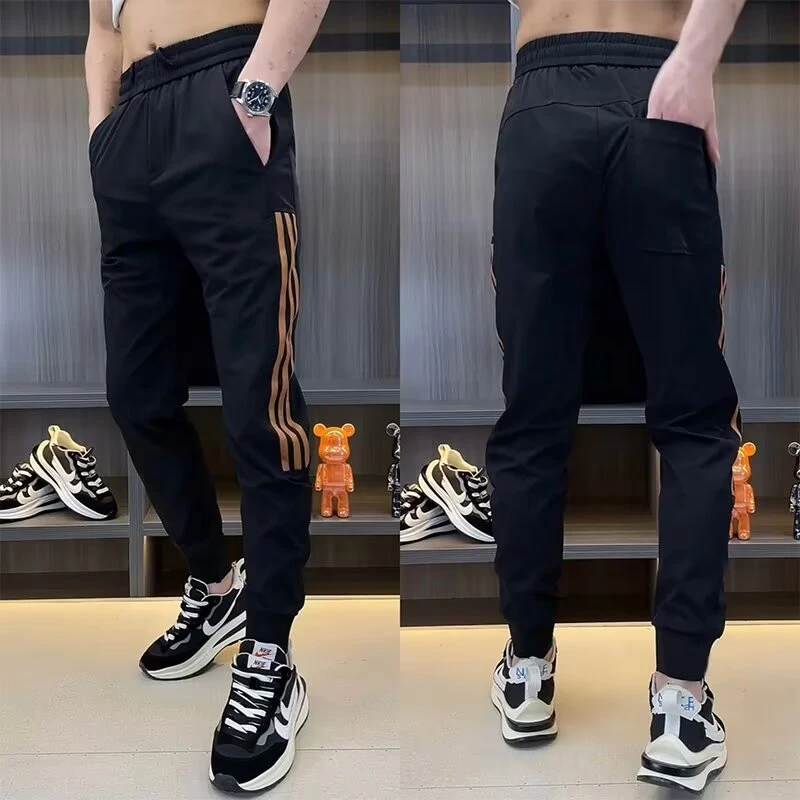 裤子男夏季潮牌三道杠九分速干运动裤百搭修身薄款束脚冰丝休闲裤