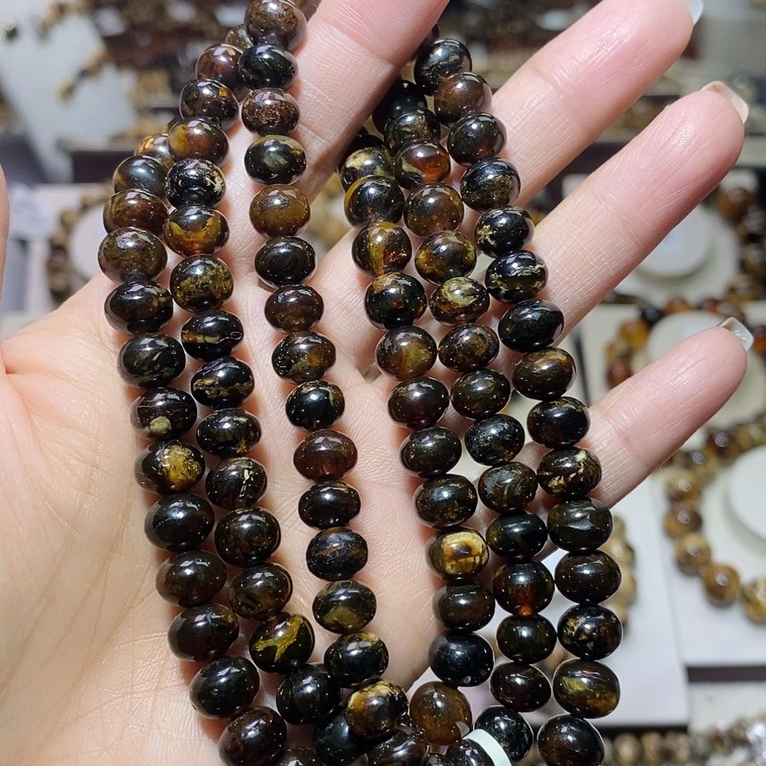 琥珀未镶嵌裸石黑金蜡花8+福利