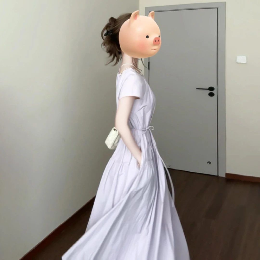 温柔风紫色衬衫连衣裙子女夏季2025新款爆款漂亮绝美收腰长裙3780