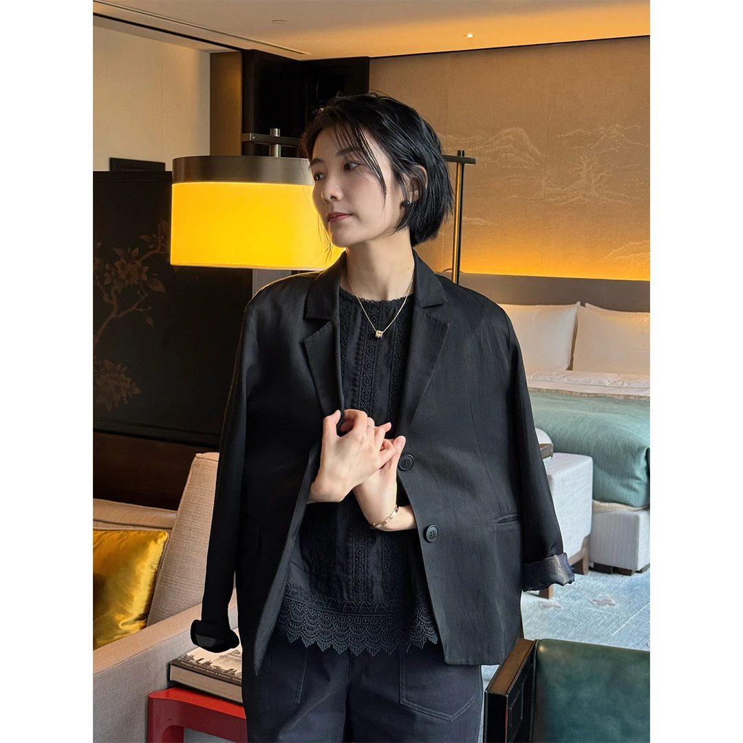 LANGQING 黑色薄款亚麻高级感简约气质外套44334#