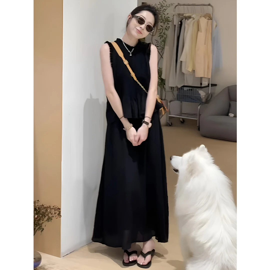 气质一整套ootd穿搭小众不撞款褶皱木耳边无袖上衣半身裙套装夏季